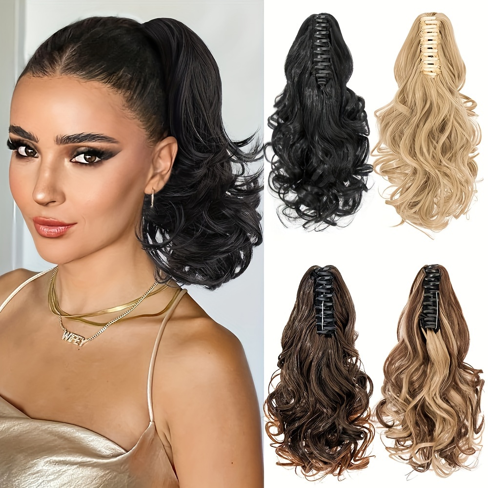 synthetic hair extension clip for ponytail with 14 inch short wavy curls for women details 1