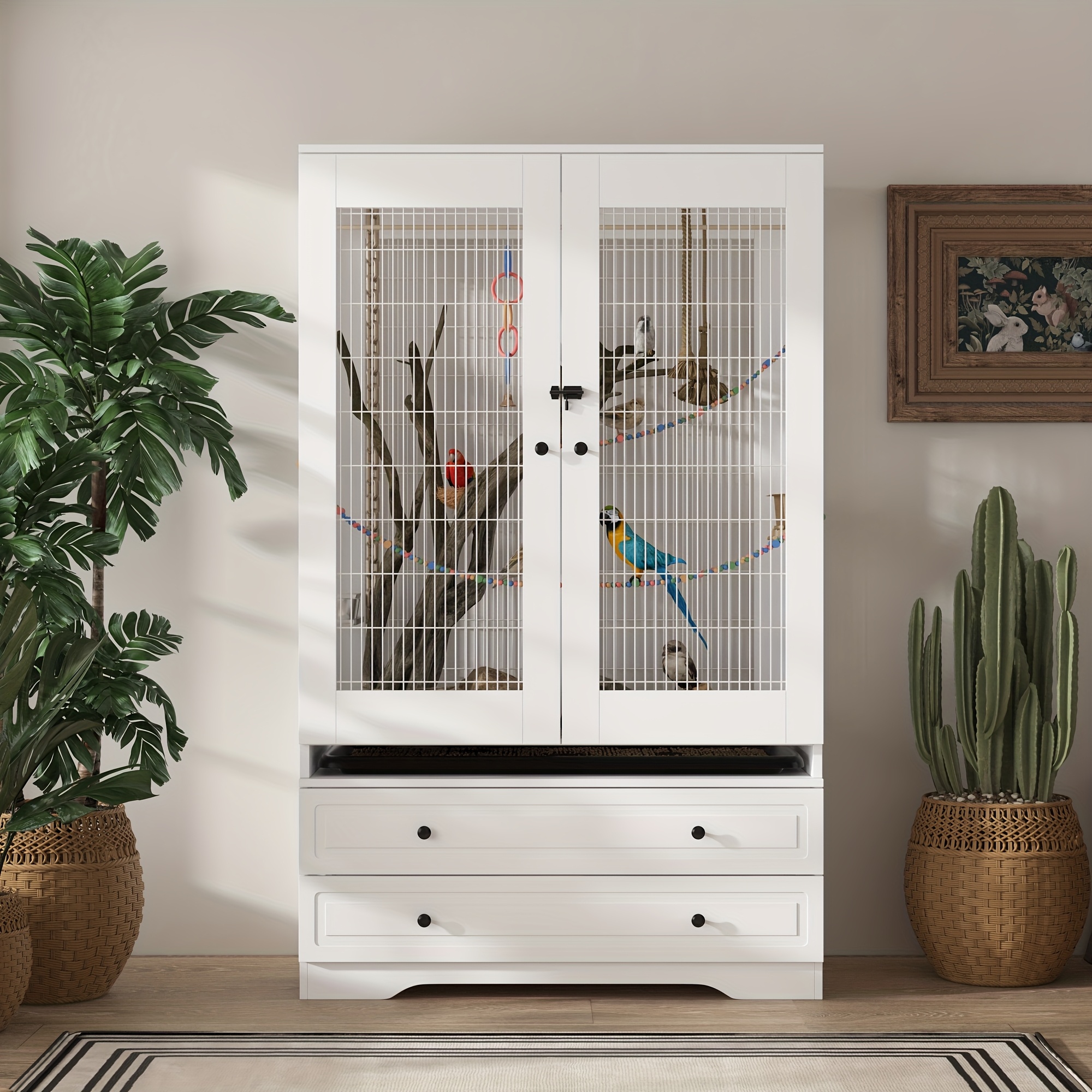 elegant   cage with dual drawer storage bottom tray birdcage with storage drawers   ventilation multifunctional     white 39 3 w x 19 6 d   h Product details 0