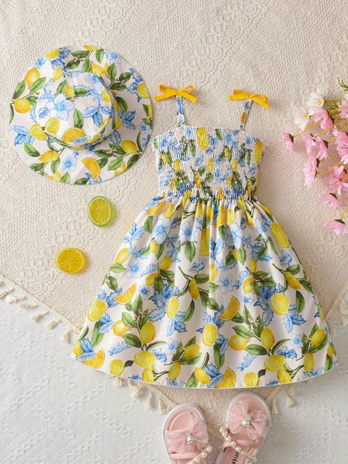 girls clothes 2pcs set little girl hawaiian style fruit print sundress with hat for summer beach vacation and travel