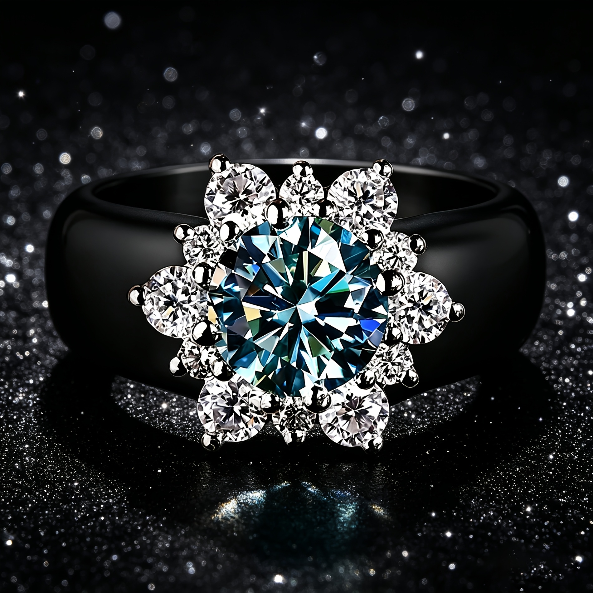 TEMU Single-piece Black Silicone Ring Band With Blue 5a Zirconia Snowflake Ring. Cool, Chic, And Light Luxury, Hypoallergenic And Comfortable.