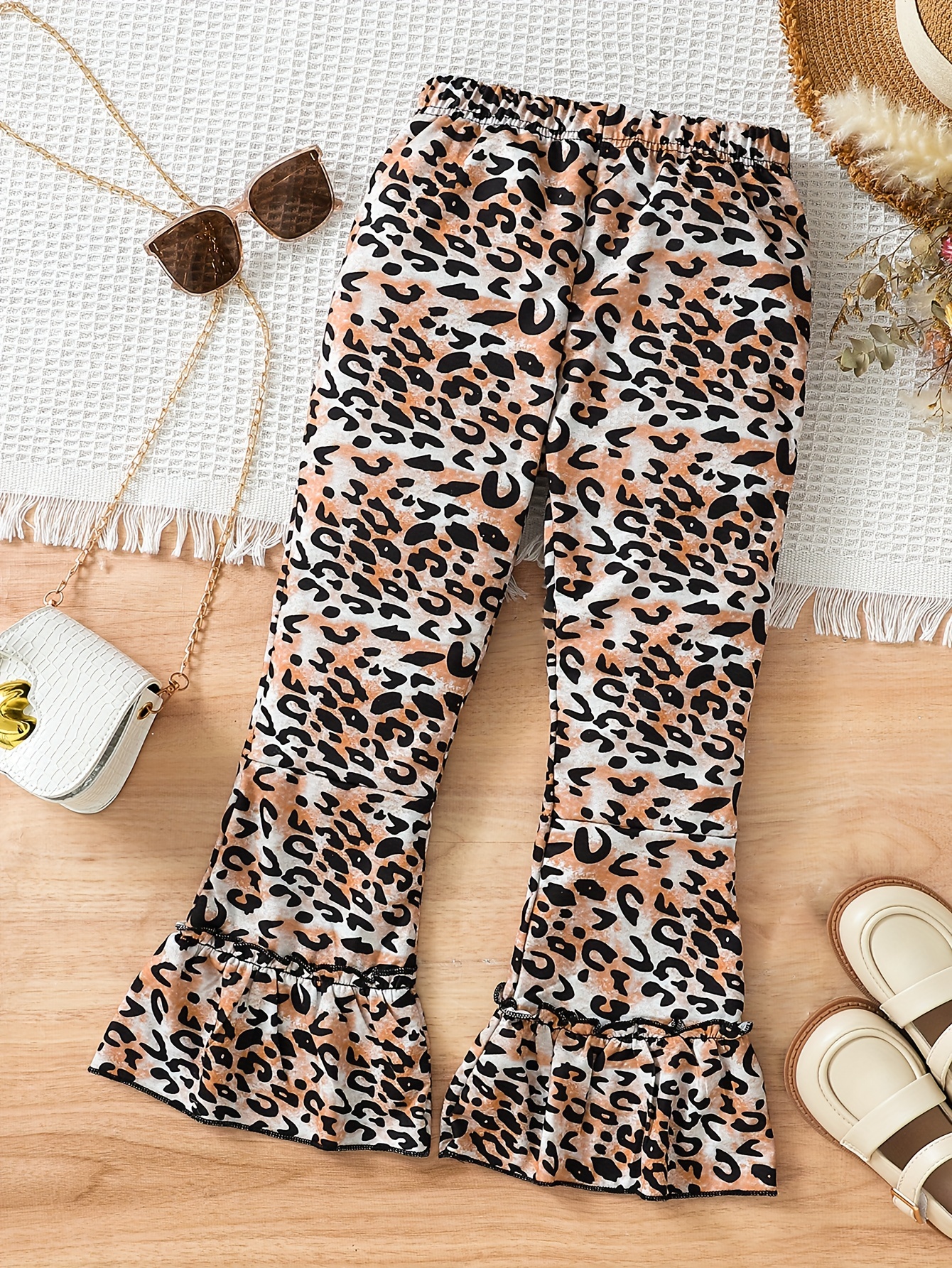 Girl's Bell-bottom Leopard Pattern Imitation Denim Print Allover Print  Stretchy Flared Trousers Leggings