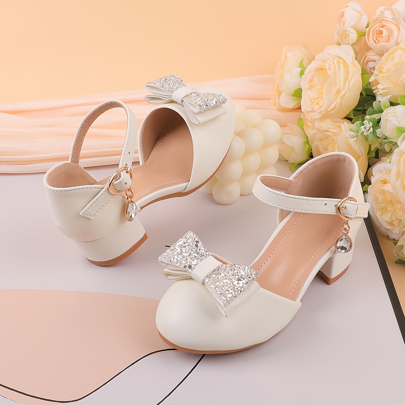 girls' white glitter bow low heel sandals ankle strap Temu Saudi