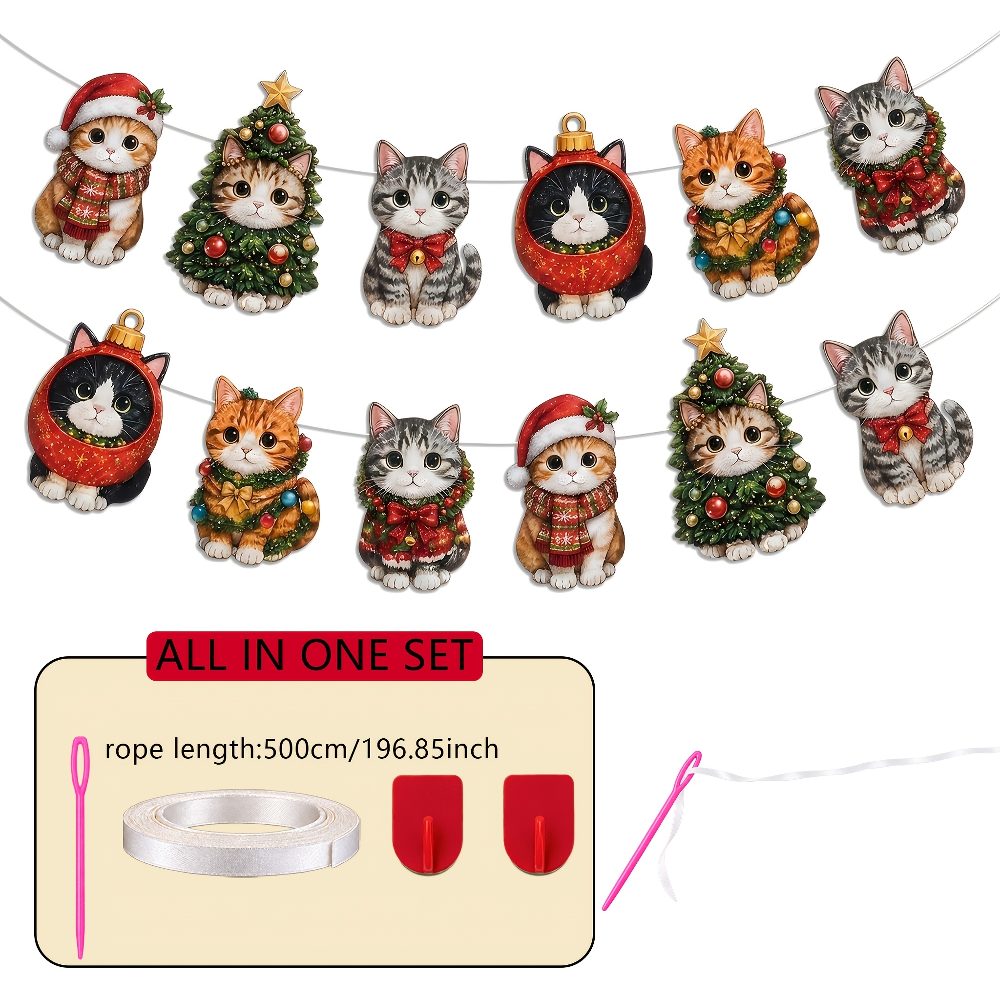 TEMU Lot de 12 bannières en feutre avec motif de chat pour thème de Noël, adaptées pour décorer , fenêtres, cadres de porte, rampes d'escalier,