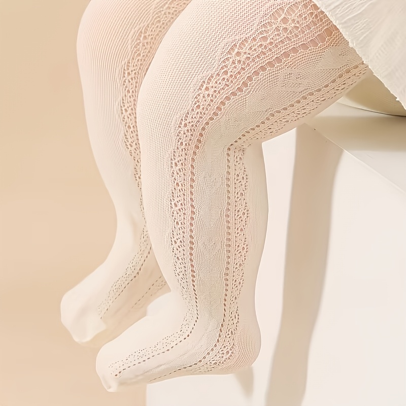 1pc Girls' White Beige Pattern Side Heart Cutout Breathable Comfortable Tights,fall And Winter Clothes