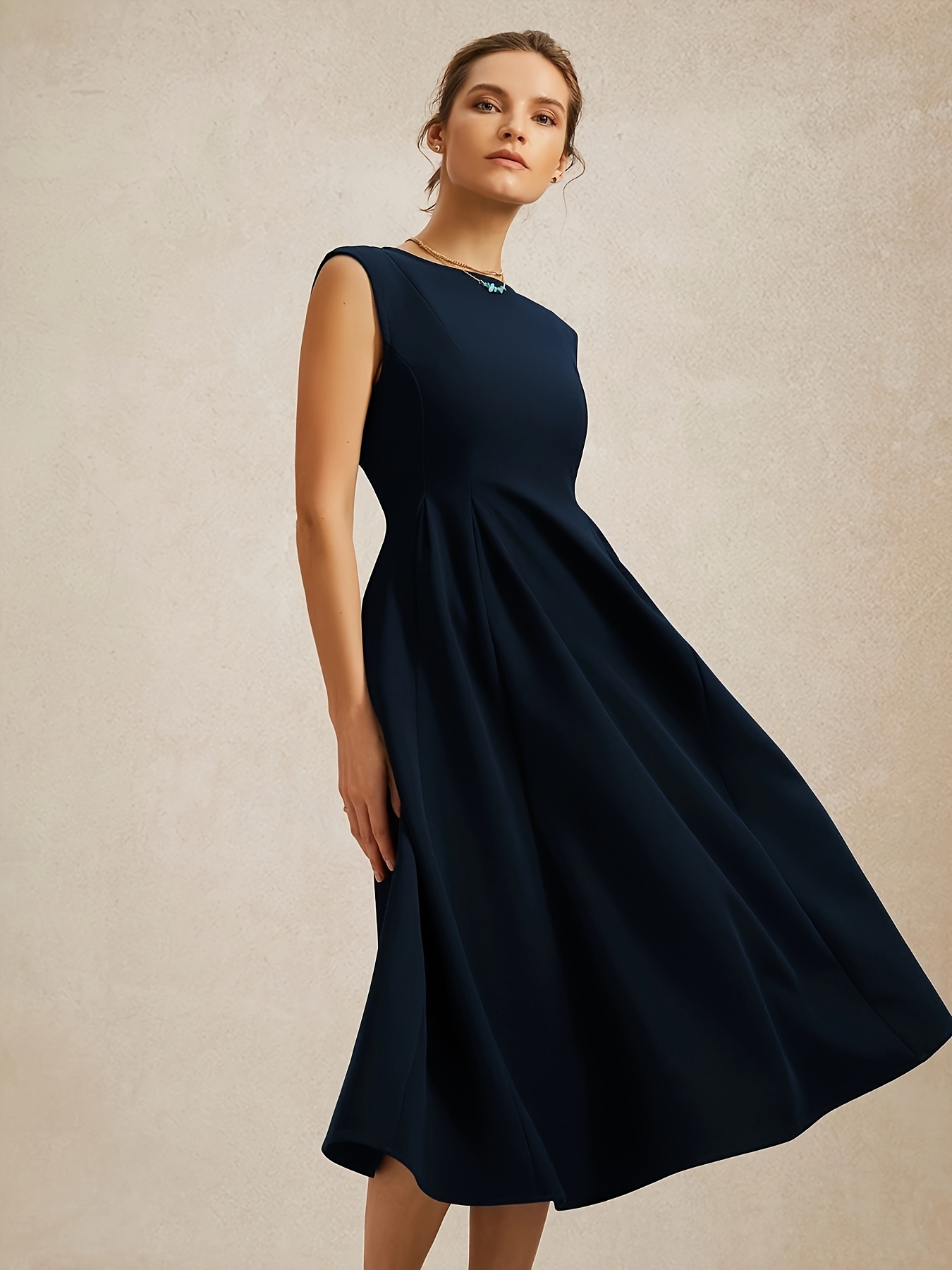women's elegant sleeveless black dress pockets a line round Temu