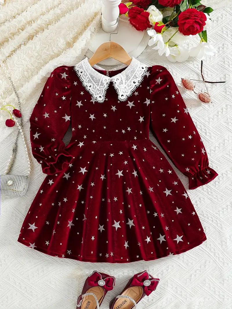 Girls' Korean Velvet Fabric Star Hot Foil Craft * Lace Collar Long Sleeve * Dress, Suitable for Parties, Banquets * Spring Girls' Korean Velvet Fabric Star Hot Foil Craft * Lace Collar Long Sleeve * Dress, Suitable for Parties, Banquets * Spring