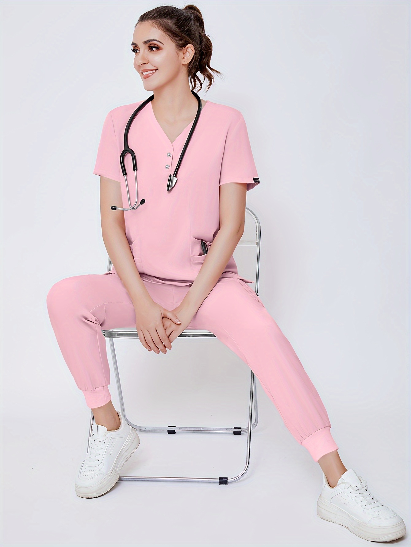Jogger Scrubs For Women Set Solid Color Lightweight Nursing Dental Y Neck  Medical Scrubs Top And Pants Two Piece With Pockets