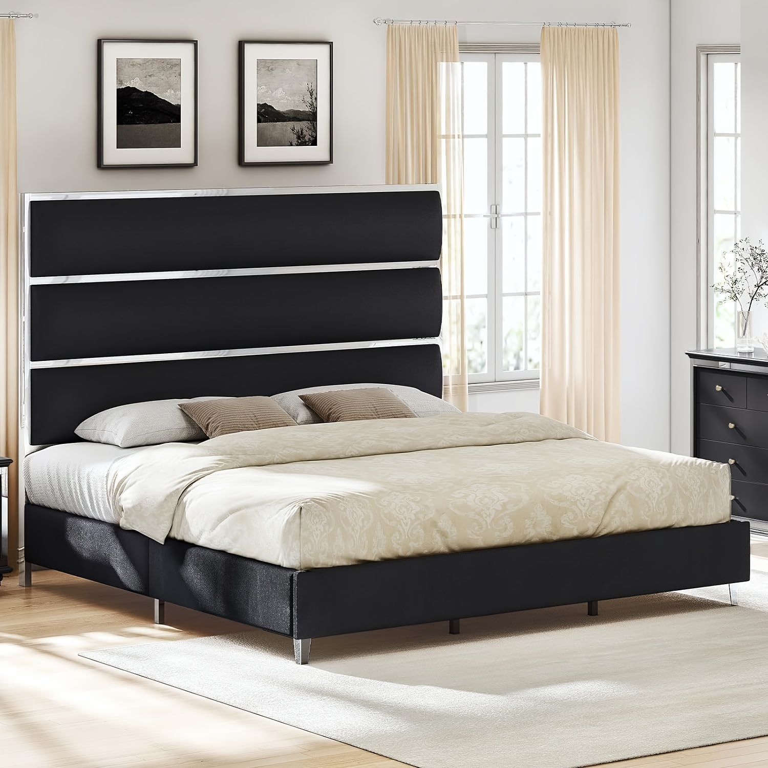 

Queen Size Upholstered Bed Frame With 59" Tall Headboard, Velvet Platform Bed With Silver Mirrored Trim/no Box Spring Needed, Black