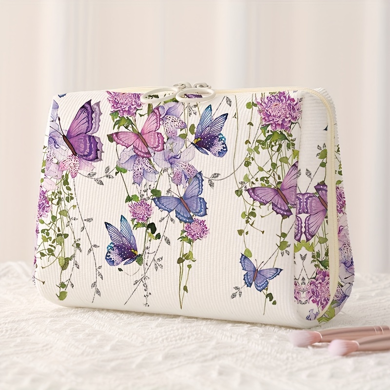 TEMU Chic Butterfly & Floral Print Makeup Bag - Lightweight, Cosmetic Pouch With Liner For Lipstick, Perfume & Toiletries - Ideal For Travel