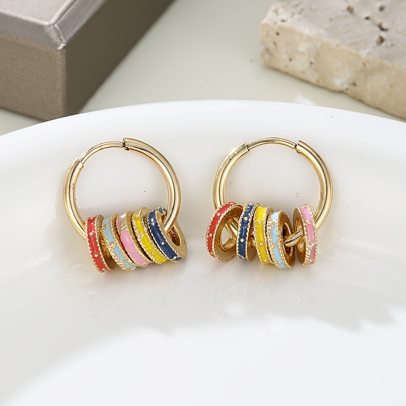 TEMU Une paire de boucles d'oreilles tendance et rétro de style printanier, style , en cuivre coloré géométrique avec goutte d'huile en émail