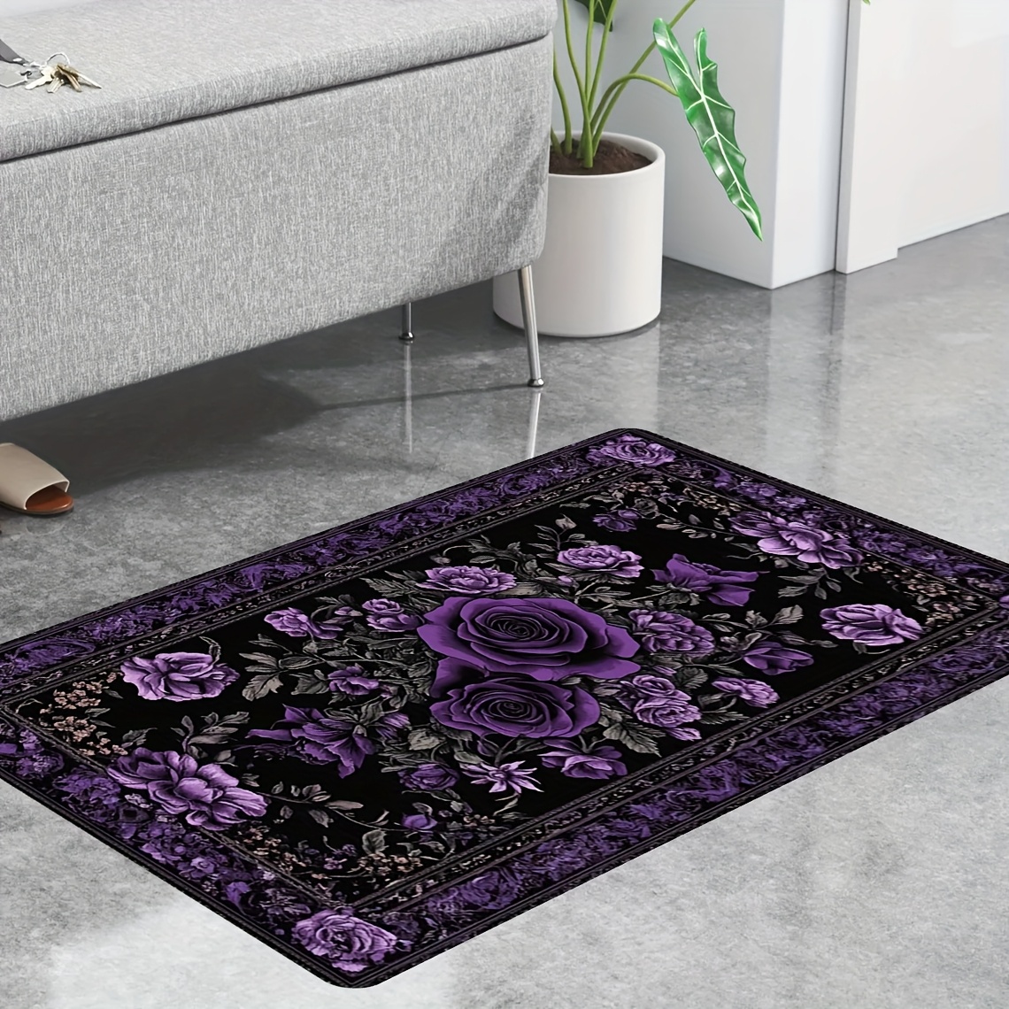 TEMU 1pc "purple Rose On Black Canvas" Carpet Decoration Bedroom Room Dining Room Carpet Short Plush Carpet Mat Flannel Available In Multiple Sizes