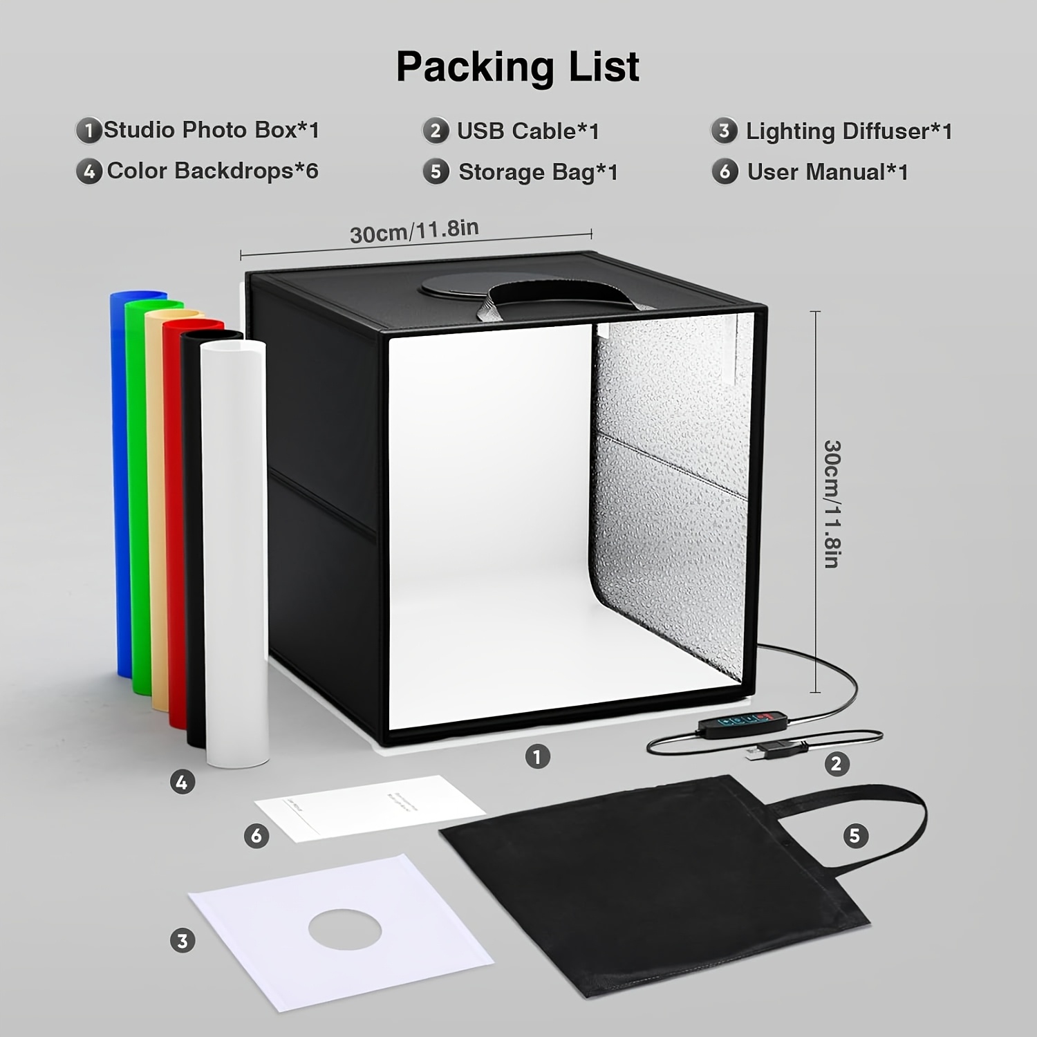 TEMU Photo Booth 30cm, 3 Color Temperature Adjustable Light Box For Photography, Portable Foldable Mini Photo With 120 Leds And 6 Colorful Background