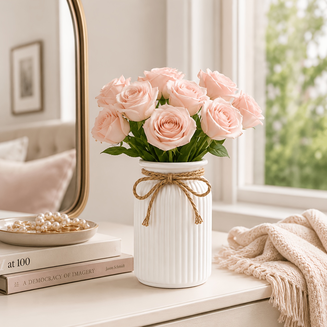 TEMU 1pc White Vase, Modern Minimalist Vertical Stripe Vase With Jute Rope Bow Decoration, Nordic Style Desktop Ornament. Suitable For Dried Flowers,