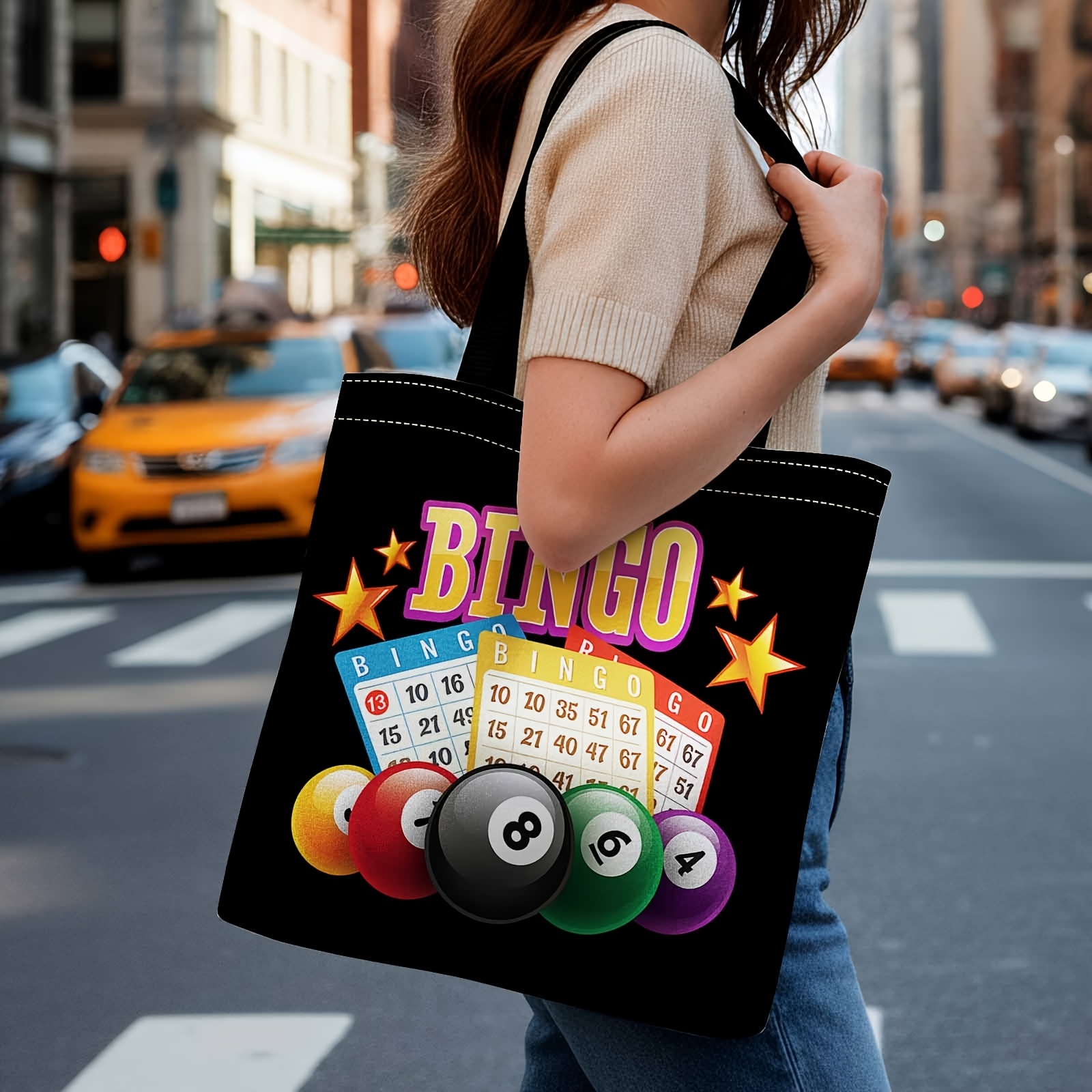 TEMU 1pc Double-sided Printing Shopping Tote Bag, Portable Shoulder Messenger Bag, 2d Printing, Bingo Theme, With Colorful Balls And Bingo Cards,