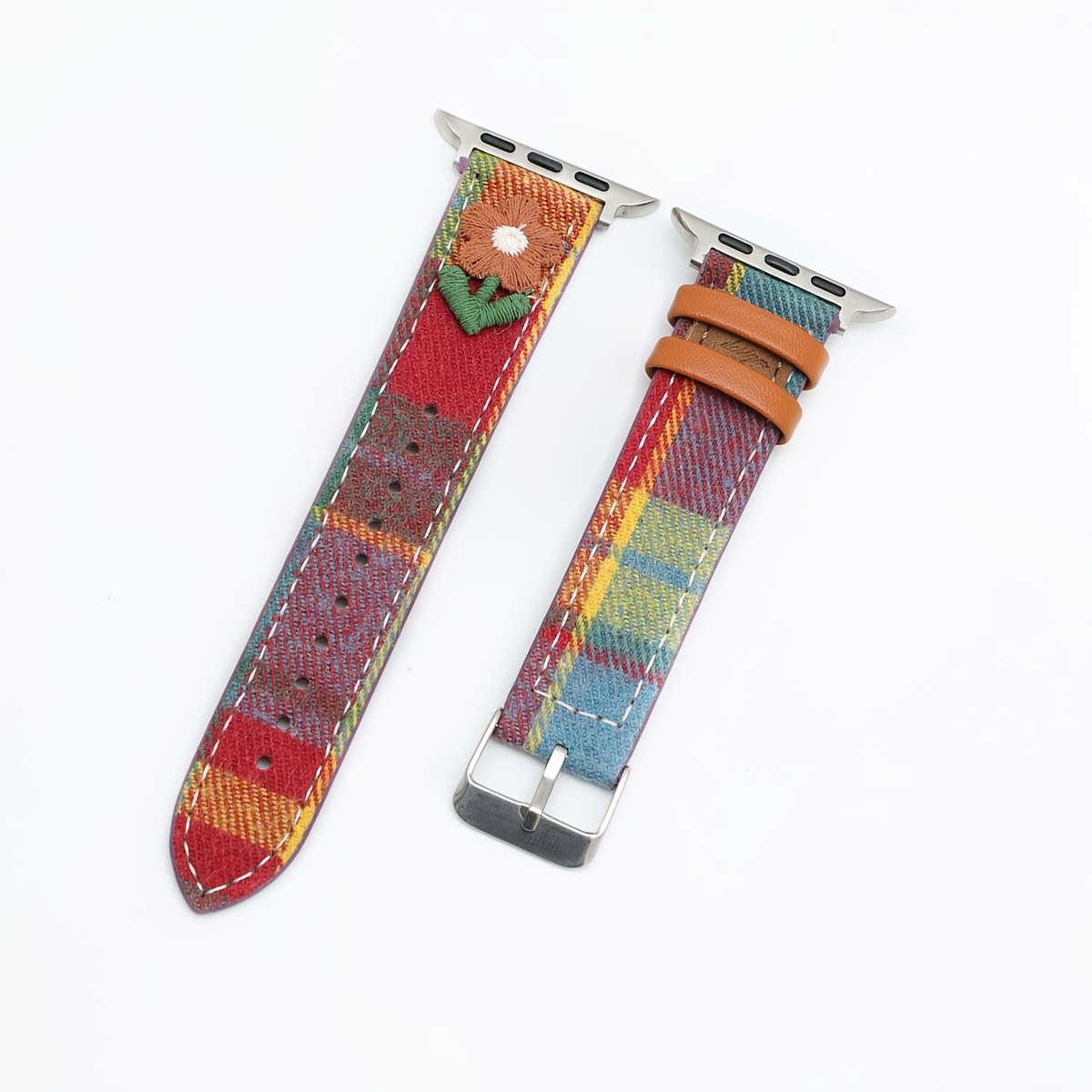 TEMU 1pc Watch Strap, Japanese-style Pastoral Embroidered Floral Tweed Synthetic Leather Watch Band, With A Metal Pin Buckle For Easy Length