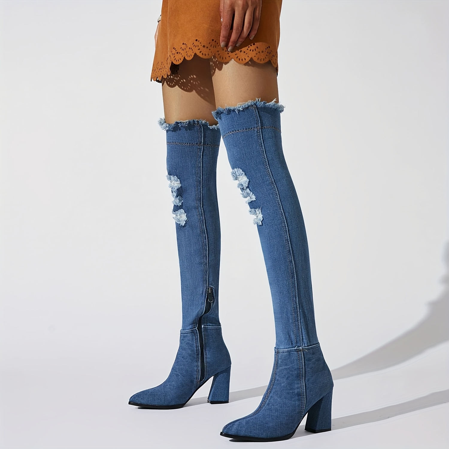 blue jean dress with thigh high boots When I EAT , you end up well fed  Denim dress link on my story . Shop my  TikTok shop for the dress  Boots : @zara