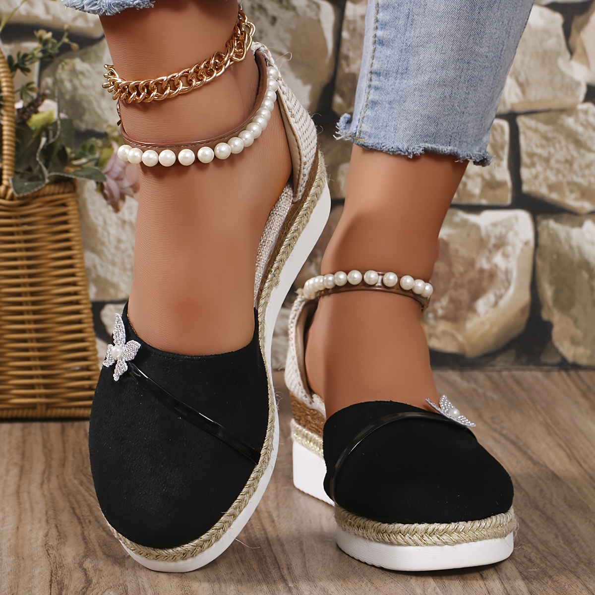 

Sandales compensées à talons compensés en faux perles pour femmes, chaussures à plateforme à boucle tendance, sandales confortables pour femmes