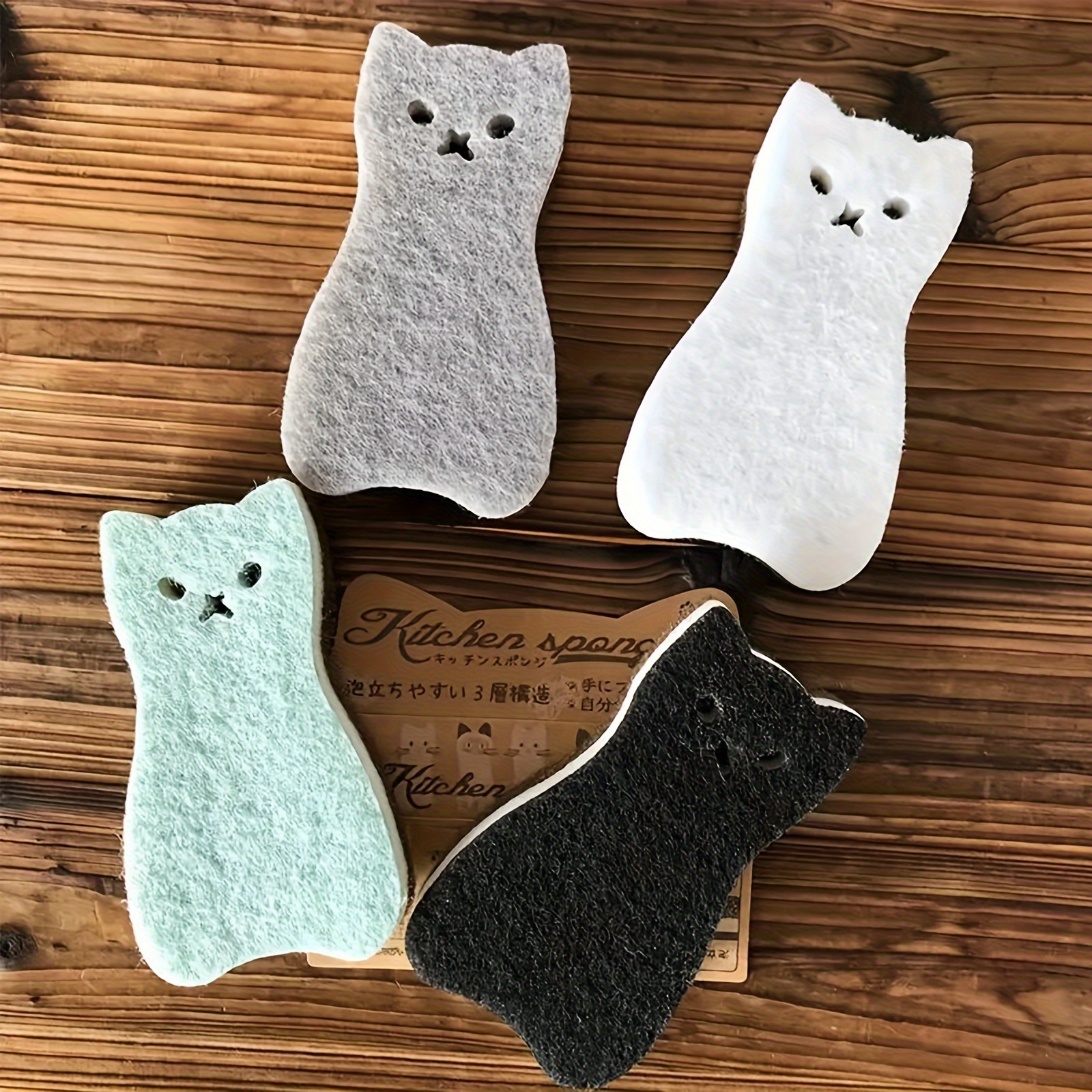 

4-piece Multi-purpose Kitchen Cleaning Sponges - Triple Layer Cat Design For Deep Clean, Dishwashing & Stain Removal