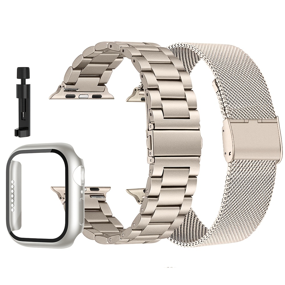 TEMU 3in 1 Set: 2pcs Stainless Steel Band (link Bracelet + Milanese Mesh) + 1pc Tempered Glass Case Compatible With Watch Ultra 49mm 46mm 45mm 44mm