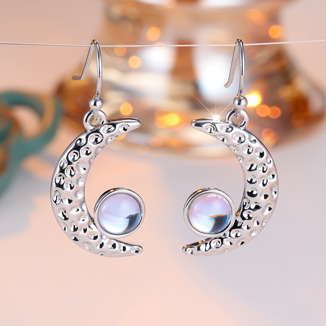Women's K Plated Crescent Moonstone Earrings, Elegant Minimalist