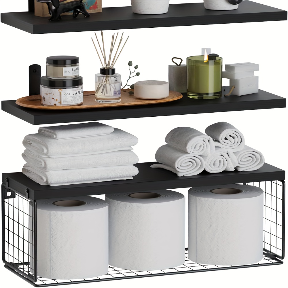 Set Of 4 Chic Floating Bathroom Shelves With Storage Basket - , Space- Over Toilet Design, 23.6x6 Inches - Ideal For Stylish Wall Decor & Organizing Essentials, Bathroom Storage