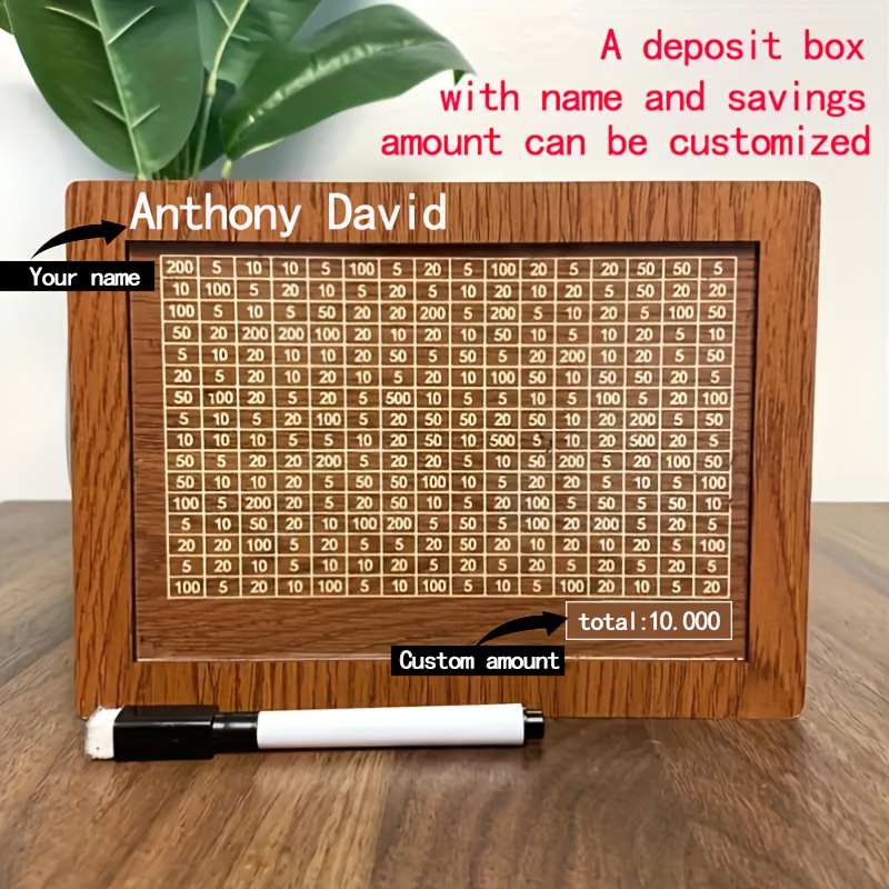 1pc customizable wooden savings box with name goal amount recycled wood   box 100 1000 customizable cells markers included for budgeting reusable money jar gift for   saving money box   Product details 0