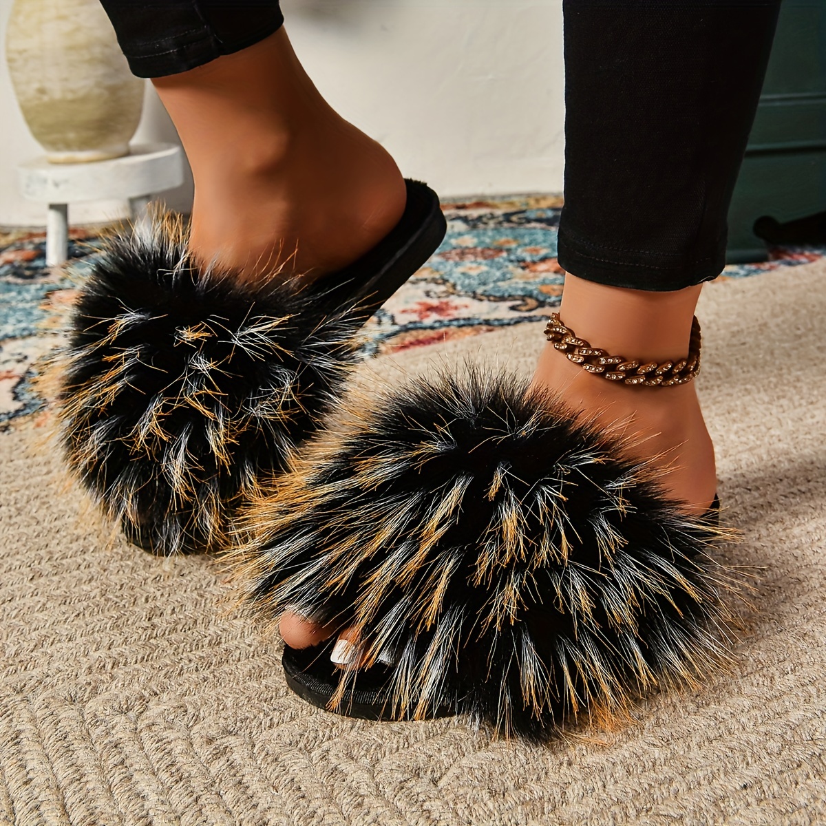 

Casual Fluffy Faux Fur Slides Slippers For Women, Comfy Indoor House Shoes With Non-slip Tpr Sole, Summer Footwear, , North America And European