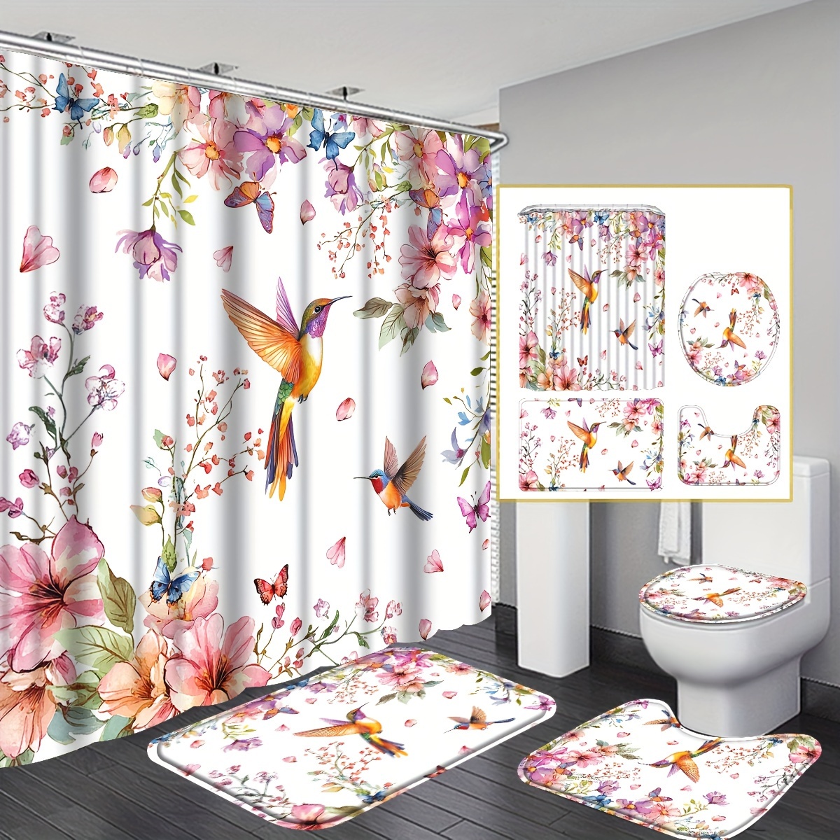 

4pcs Luxurious Bird & Floral Shower Curtain Set - Waterproof, Includes Non-slip Rug, Toilet Mat, Lid Cover With 12 Hooks - Machine Washable Bathroom Decor