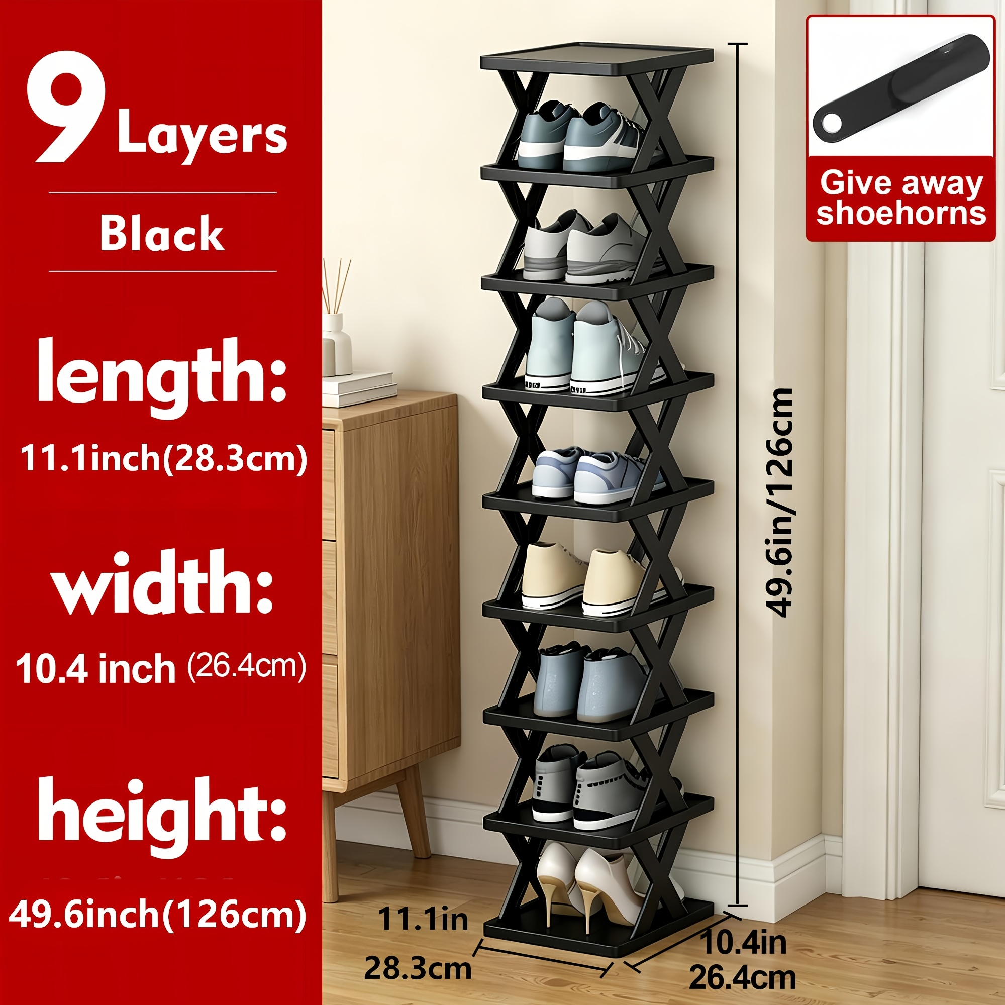 TEMU 6/9 Tier Corner Shoe Rack Organizer With Free Shoehorns, Small Vertical Shoe Stand, Space Saving Free Standing Shoe Storage Organizer For