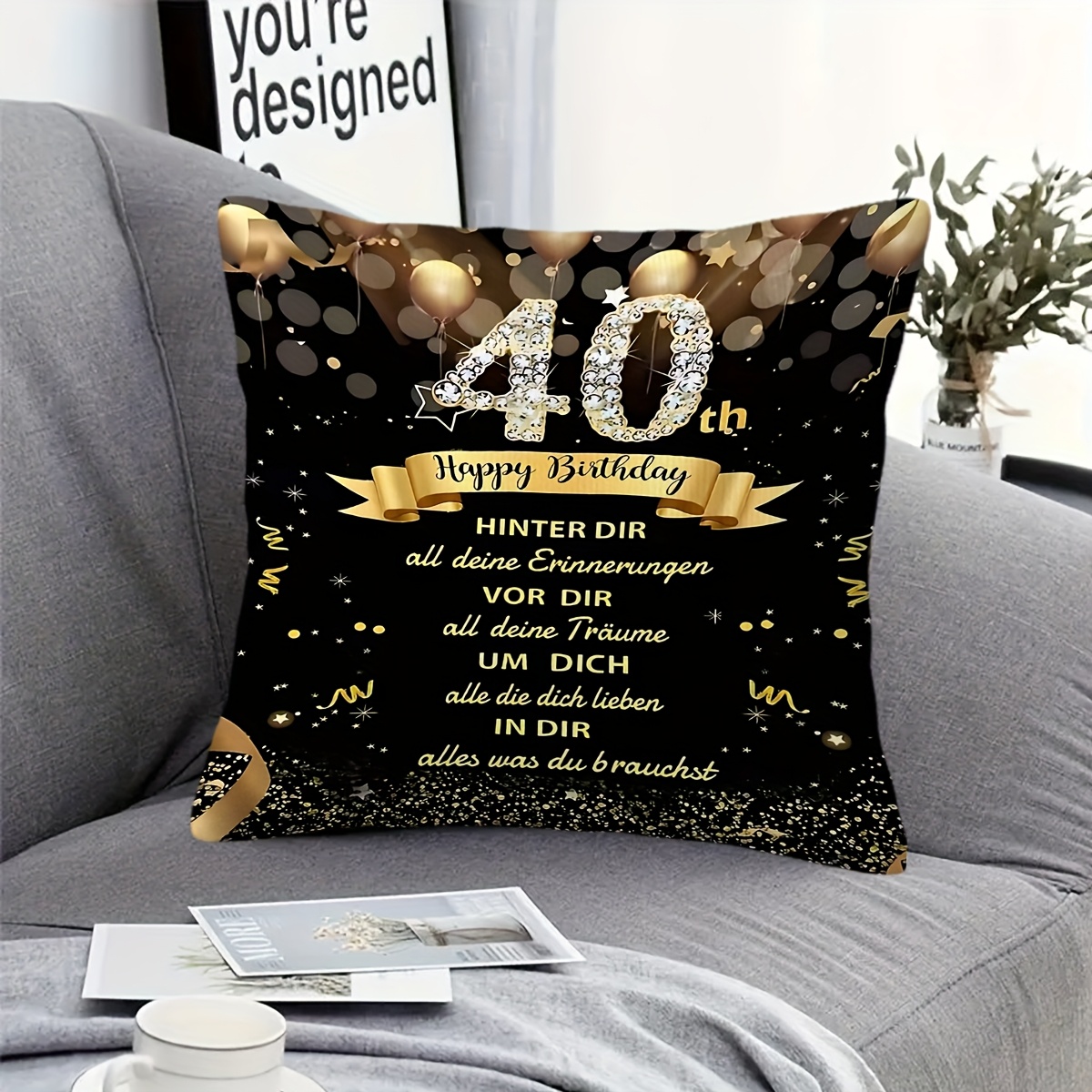 E-shop ., Funkelnder Kristall „Alles Gute zum 40. Geburtstag“ Kissenbezug, Kurzplüsch-Kissenhülle, einseitiger Druck, Kisseneinlage nicht enthalten.