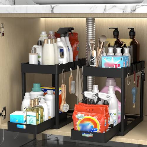 under sink organizer rack 2 tier under sliding cabinet basket organizer drawer with 4 hooks multi purpose under sink storage for bathroom kitchen desktop utility racks
