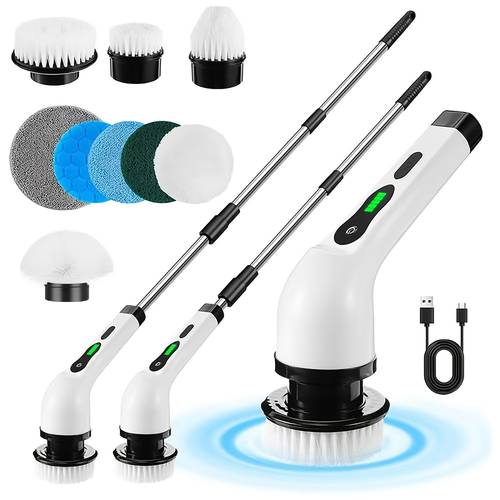 9 interchangeable brush heads electric rotating scrubber with cordless cleaning brush multifunctional led battery indicator 2 settings adjustable extension handle suitable for cleaning floors furniture bathrooms kitchens