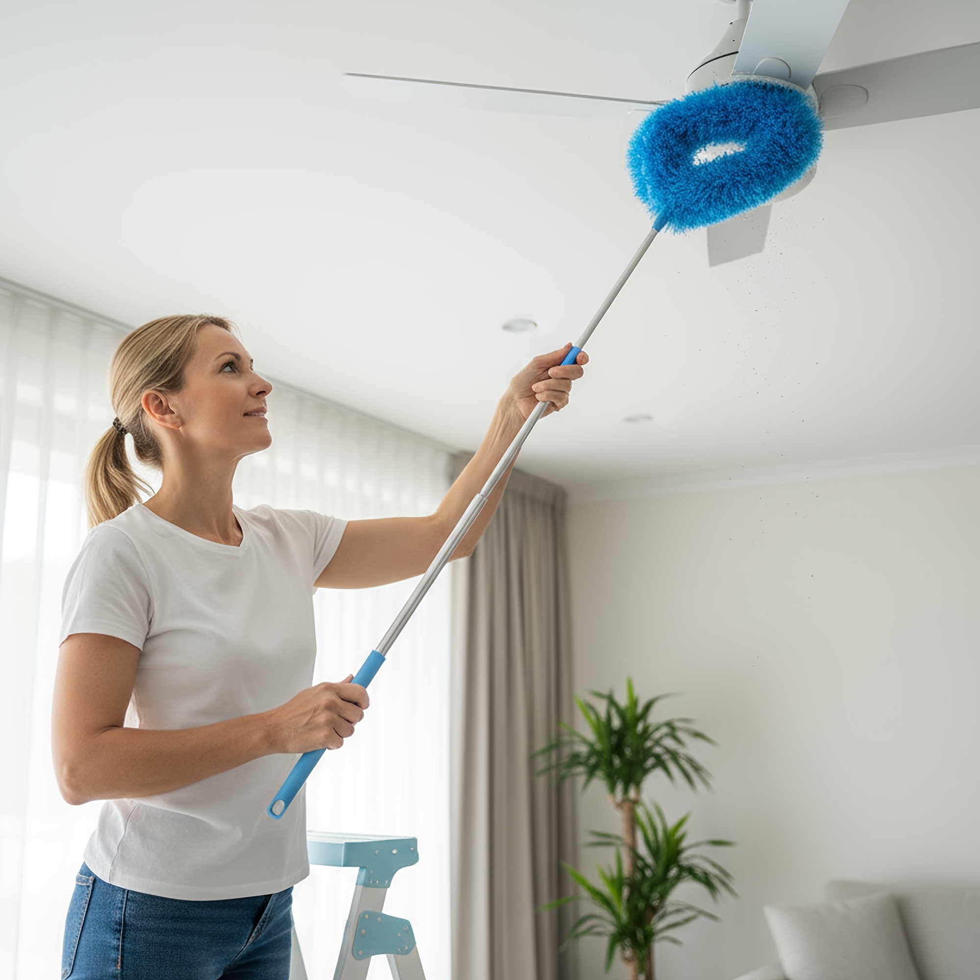 telescoping microfiber duster with stainless handle flexible reach for ceiling fans high furniture car cobwebs static dusting for bedroom bathroom kitchen outdoor multi surface cleaner