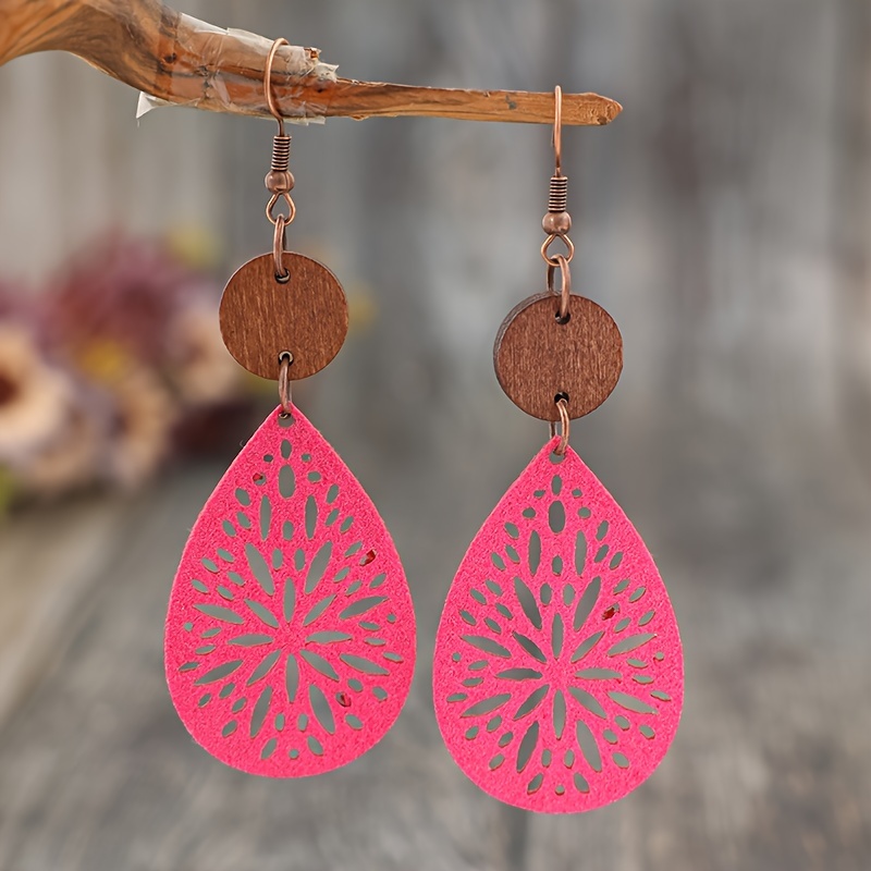 Image of Cross-border Retro Bohemian Style Multicolor Teardrop Shape Hollow Floral Pattern Small Round Wood Piece Faux Leather Earrings