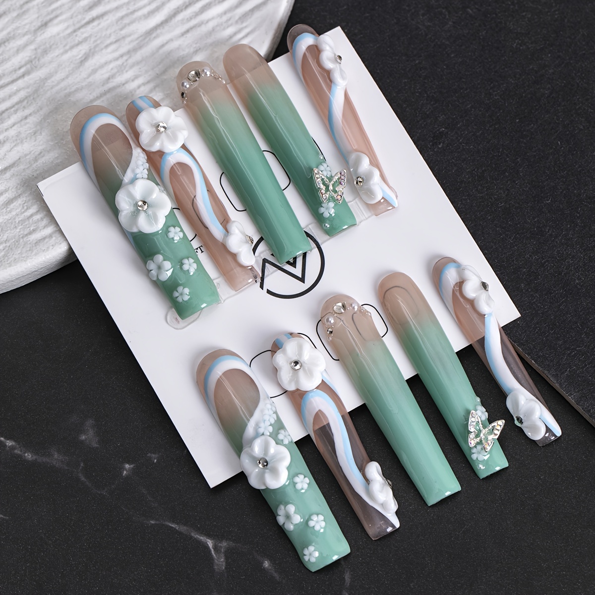 

Hand-painted Flowers Long Square Handmade Press On Nails, 10pcs