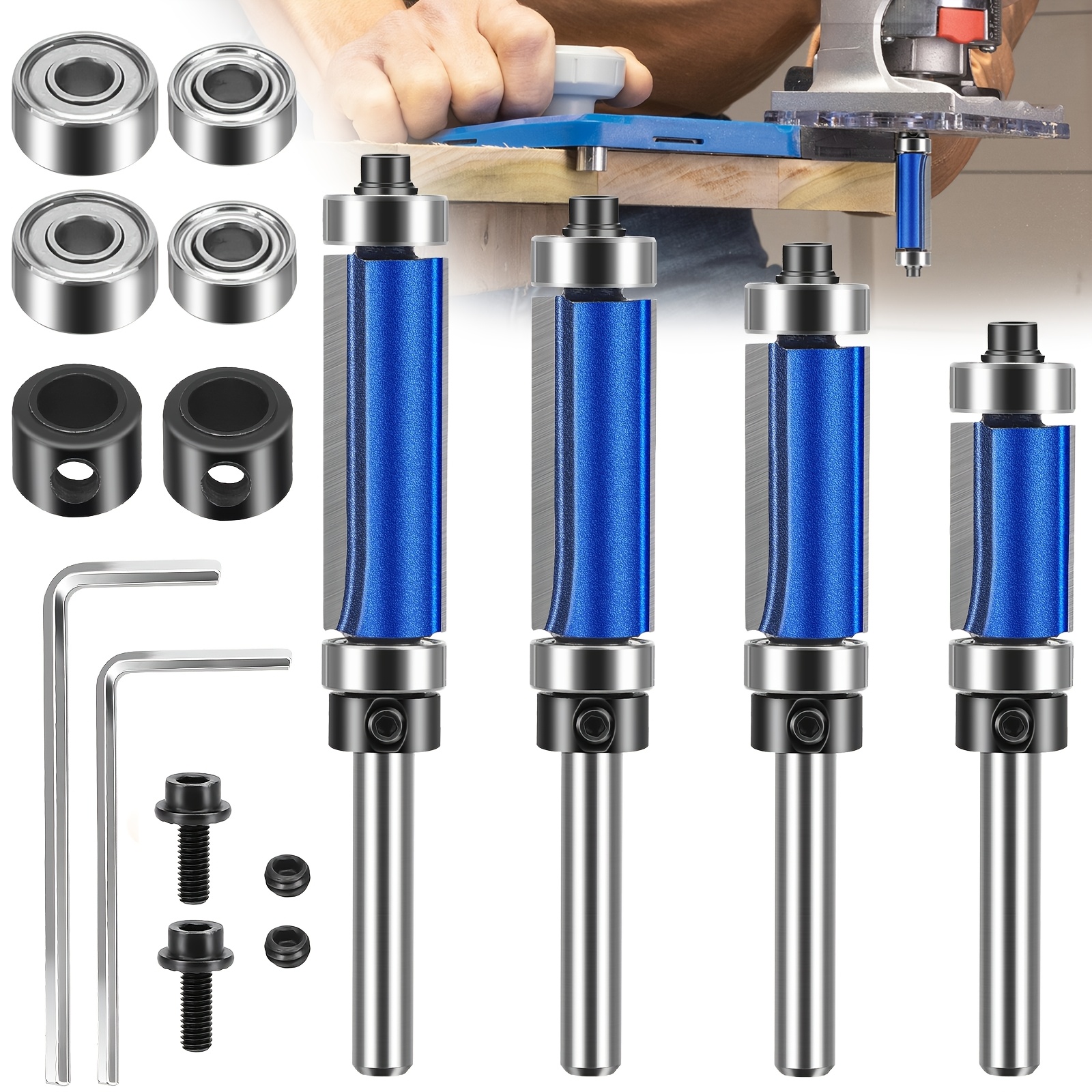 TEMU 4pcs 1/4" Shank Spiral Flush Trim Router Bit Set, Double Bearings High-strength Trimming Tool, Woodworking Milling Cutter Tool For Hard Wood