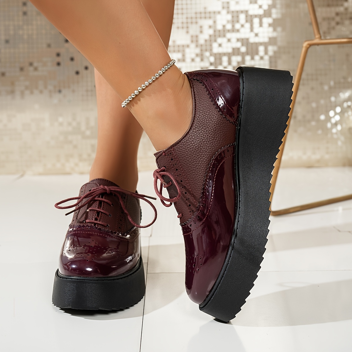 womens burgundy lace brogues comfortable platform - Temu