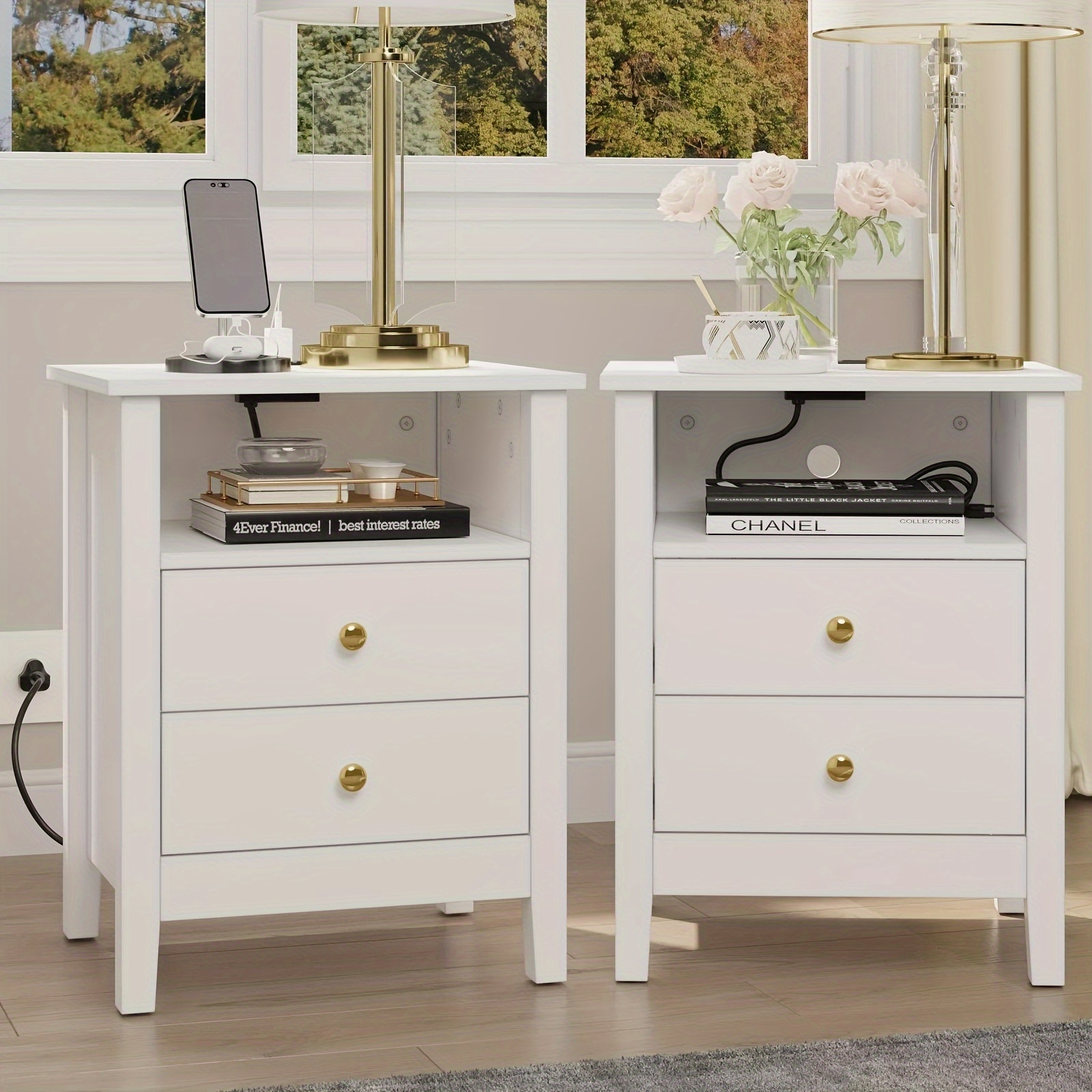 

Yardbliss Set Of 2 Nightstand Bedside Table 2 Drawers With Charging Station And Usb Ports