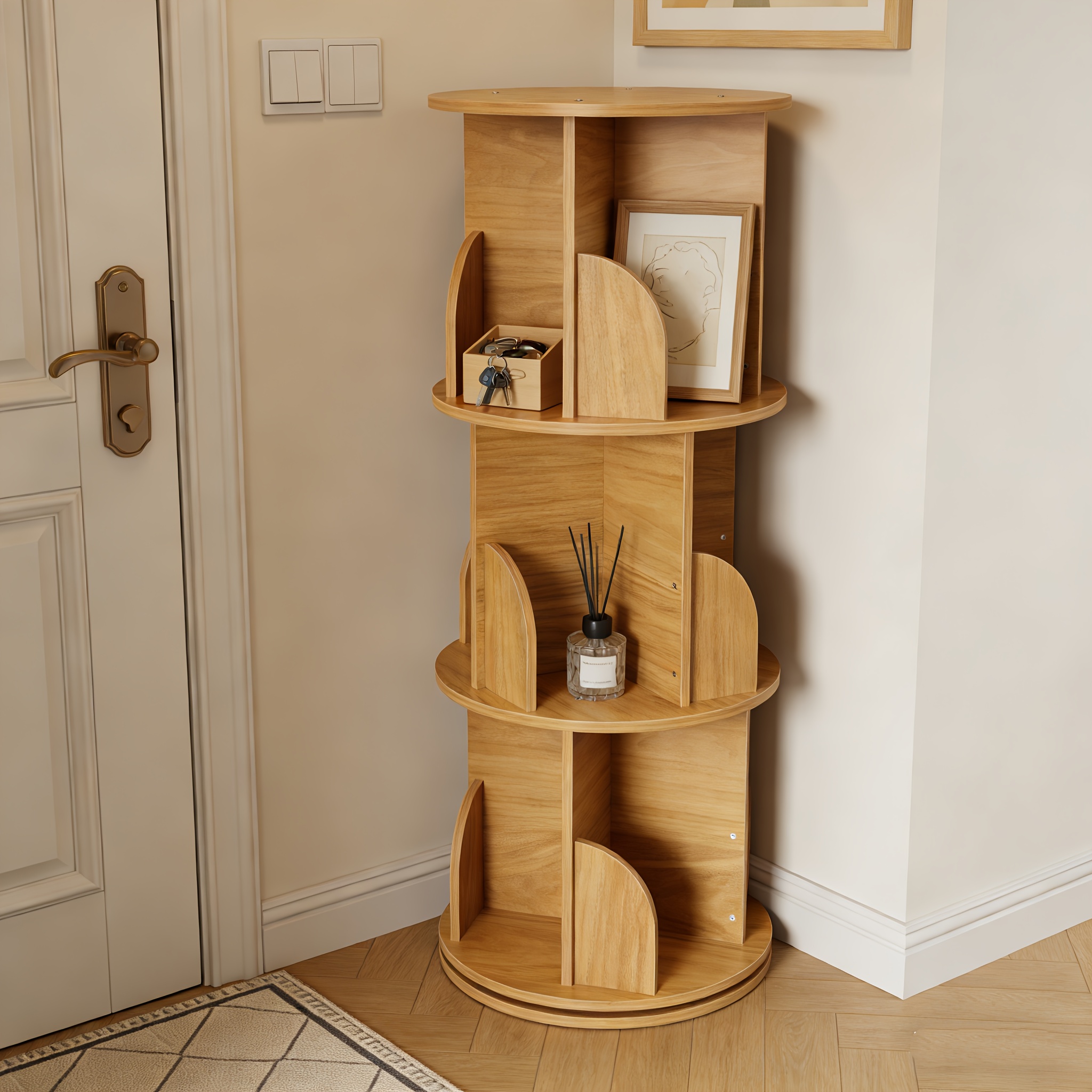 Wooden Rotating Bookshelf, Small Corner Bookshelf For Small Space, 360 Degree Display 4 Tier Freestanding Bookcase Storage Rack, Vertical Rotate Turning Spiral Corner Organizer 40x40x97cm