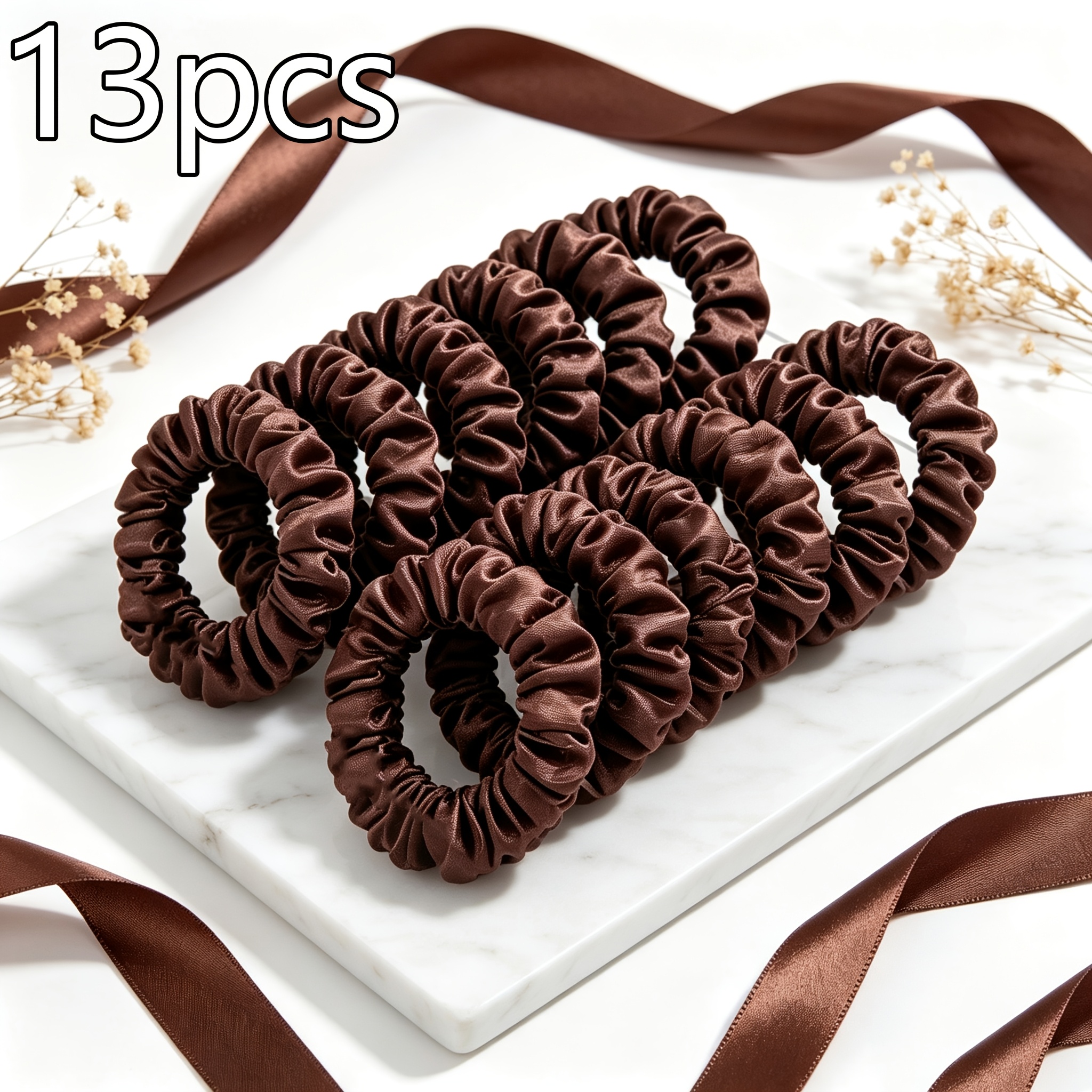 TEMU 13pcs Set Of Brown Premium Minimalist Pleated Small Hair Ties, Accessory For Office, Travel, And Daily Use, Hair Bands, Hair Accessories, And