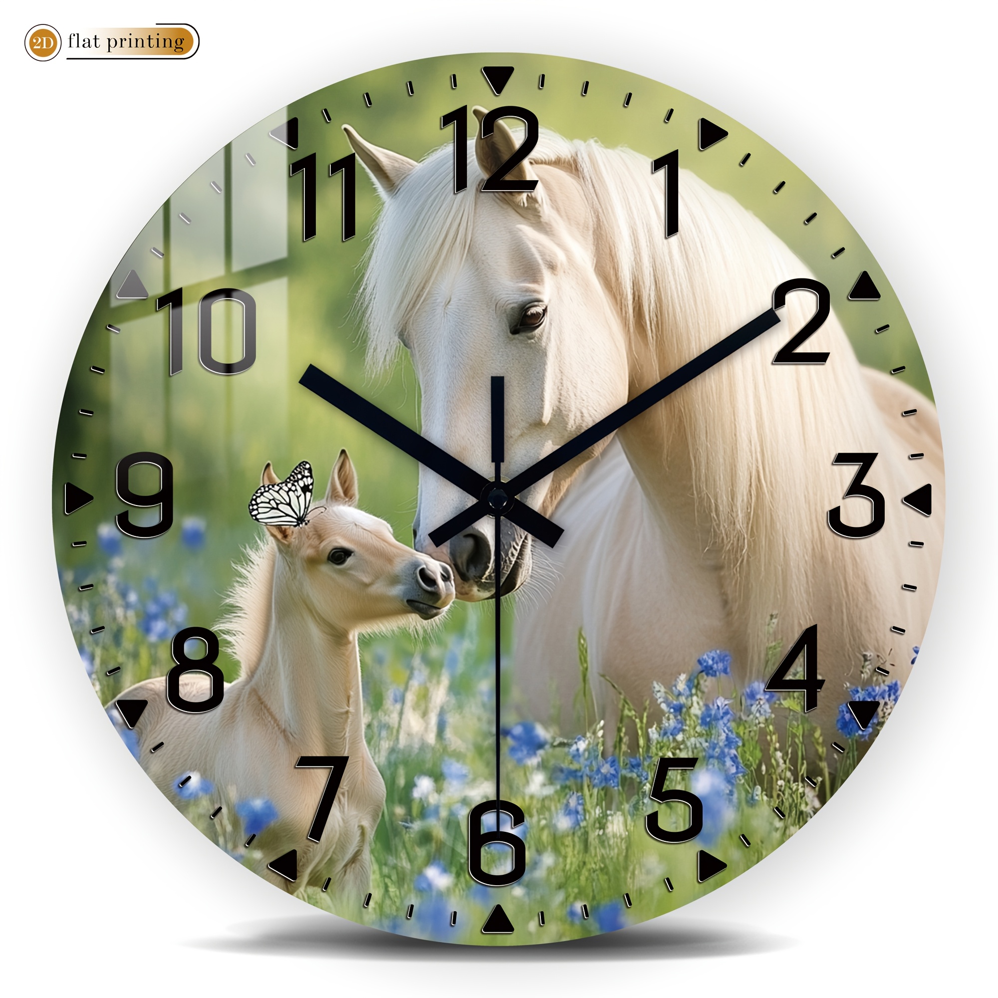 TEMU Horse And Foal Wall Clock, Wooden Home Silent Wall Clock- 2d Flat Printed Quartz Clock, Decor Suitable For Restaurants, Kitchens And Cafes, New
