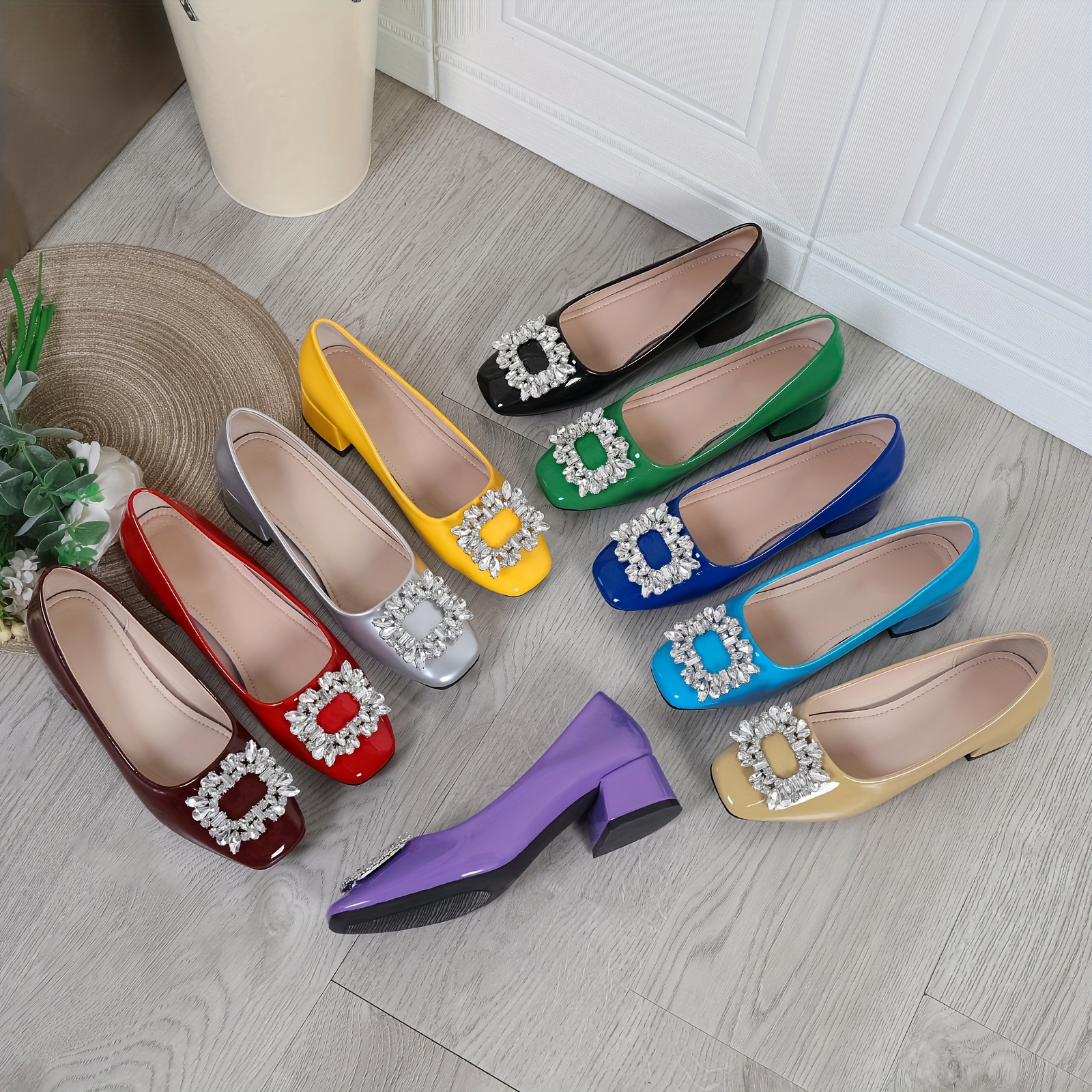 

Chic Women's Square Toe Pumps With Rhinestone Buckle - Comfortable Faux Cover Chunky Heel Shoes For All Seasons