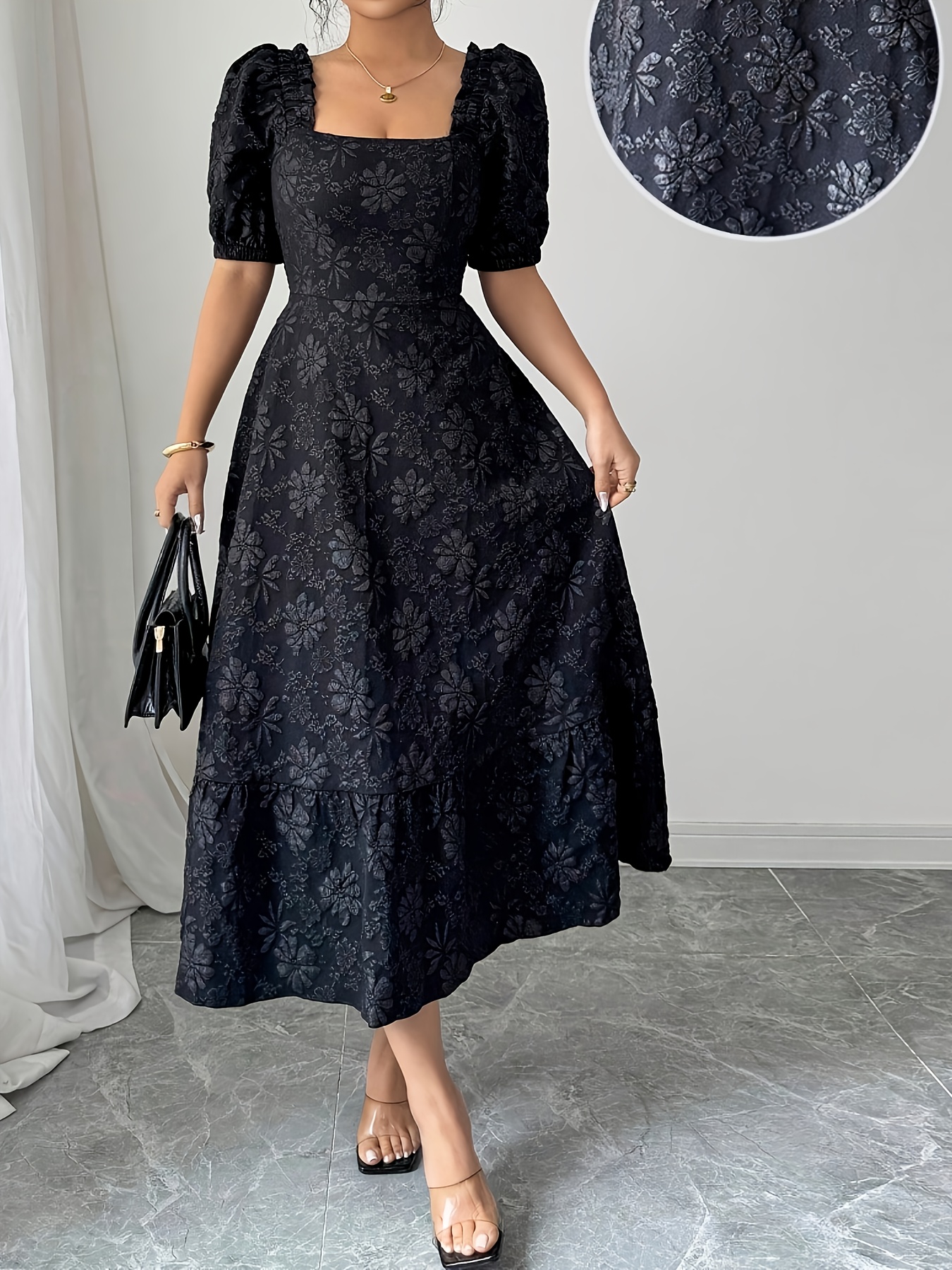 plus size womens elegant solid black square neck dress puff Temu