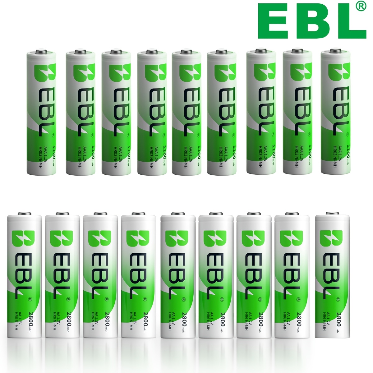 Image of Ebl Rechargeable Battery Set, Includes 9 Aa Batteries With 2800mah And 9 Aaa Batteries With 1100mah, All Precharged Ni-mh High Capacity, Totaling 18 Batteries