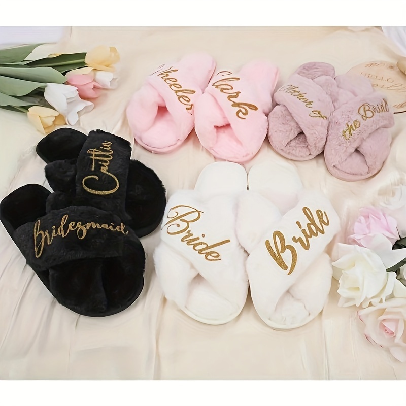 pair custom fuzzy slippers personalized bride bridesmaid Temu