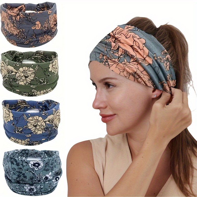 

4pcs Women's Wide Headbands, Printed Knot Turban, Thick Fashion Hairbands, Large Headwrap, Elastic Non-slip Yoga Workout Sweatbands, Bohemian Head Accessories For Elegant And