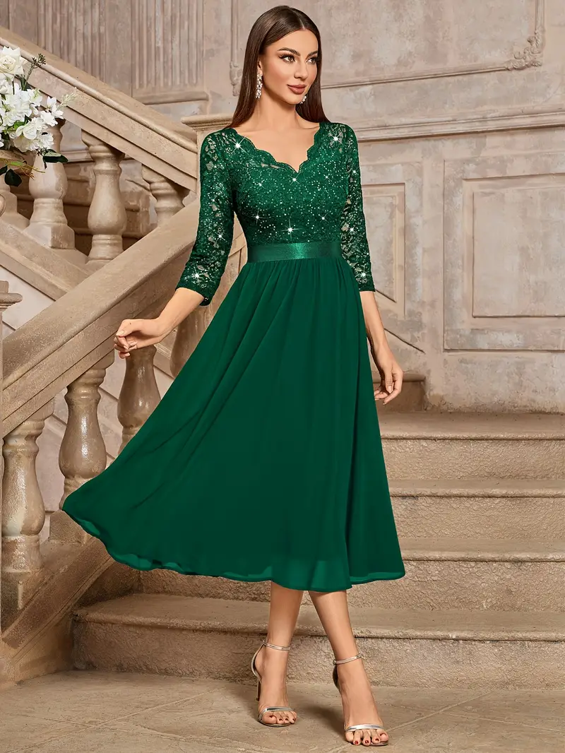 womens elegant sequined lace v neck 3 4 sleeve lace contrast - Temu Greece womens elegant sequined lace v neck 3 4 sleeve lace contrast - Temu Greece