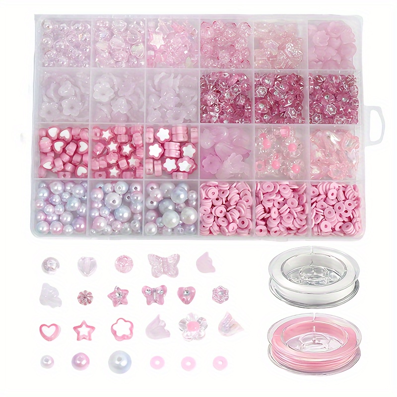 

24 Cell Acrylic Bead Kit: Pink Beads, Love Beads, Bohemian Soft Clay, And Elastic Lines For Phone Chains & Decorations