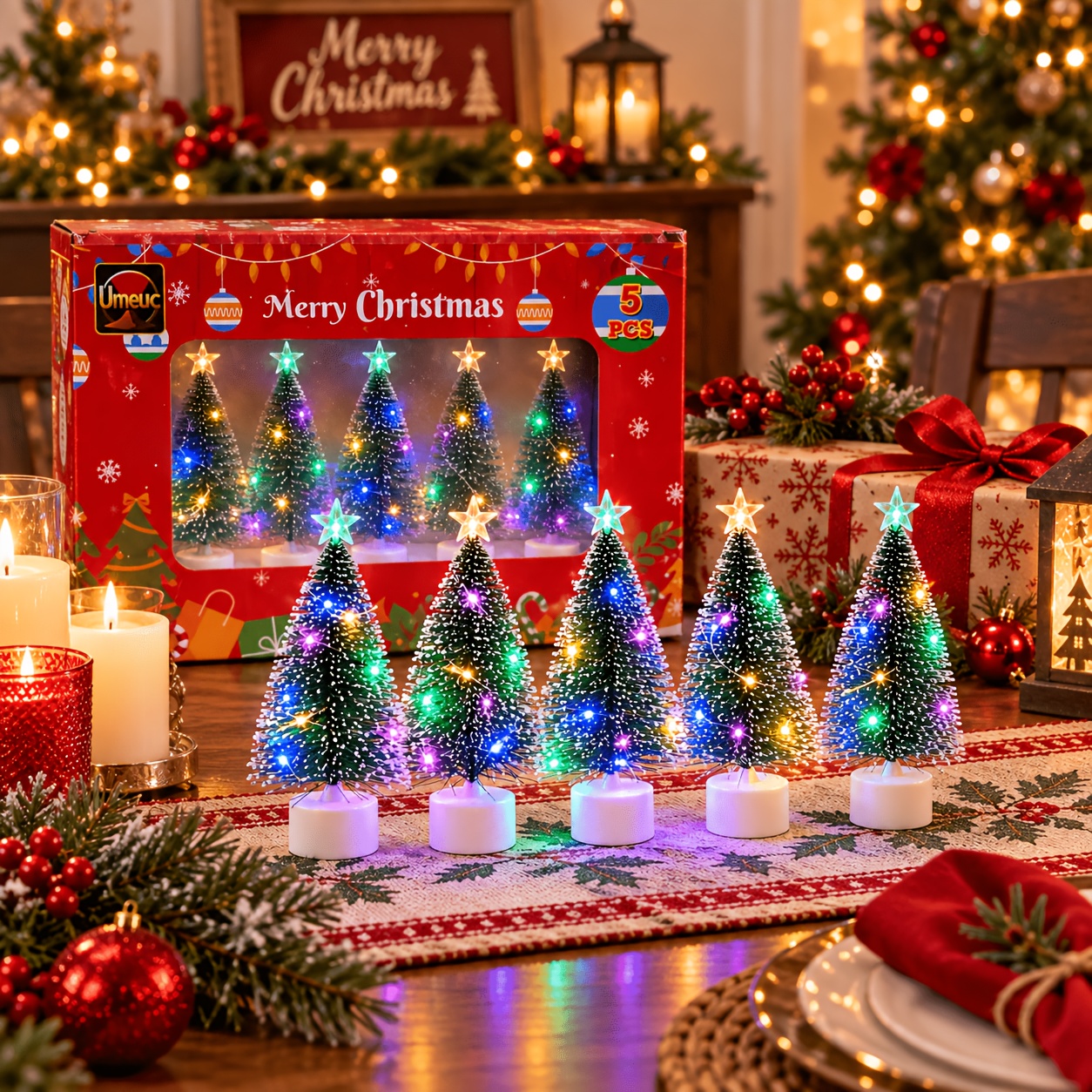 TEMU Indoor String Lights 5pcs Lighted Mini Christmas Tree Decorations, Multicolor Led Tabletop Night Lights With Star Topper, Gift Box Set For