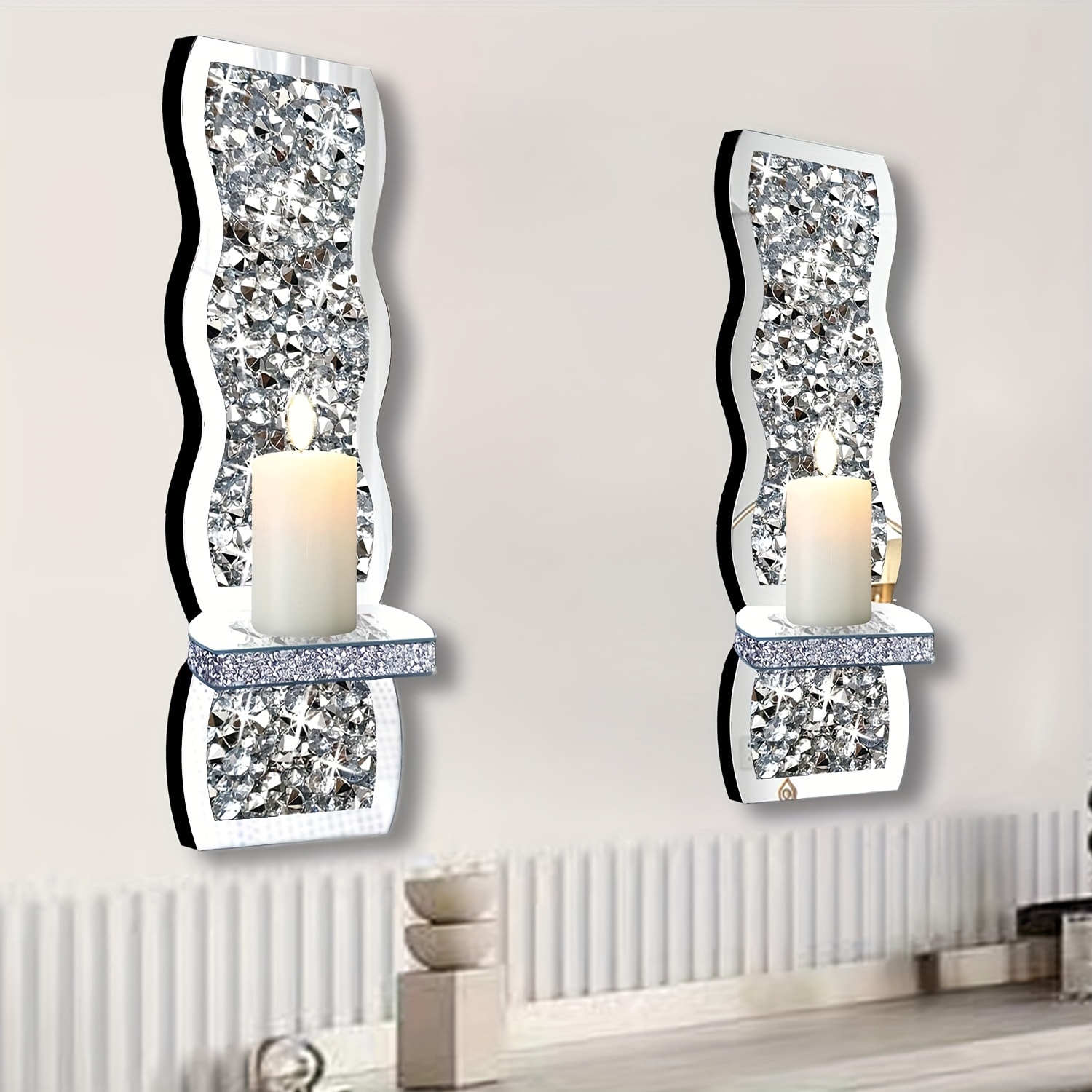 

Set Of 2 Glass Wall Mount , Polished Crystal Candleholders For Living Room Bedroom, Luxurious Silver Family Themed Decor